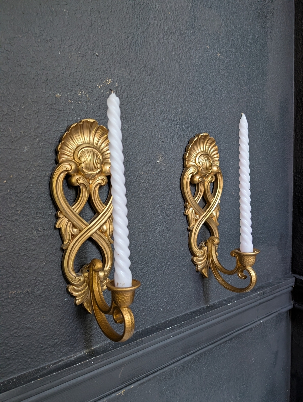 Vintage, set of 2, Homco Gold Hollywood Regency Shell Sconce Candle Holder 12" x